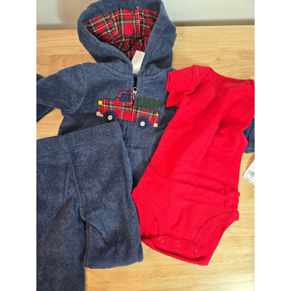 Carters Boys 3 Piece Fleece Set Navy Red Plaid Truck Christmas 6M 121h861